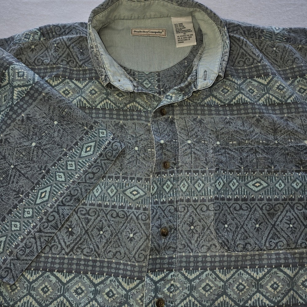 Vtg‎ 90s Bugle Boy Men's XL Geometric Aztec Tribal Print Button Up Shirt Gray...